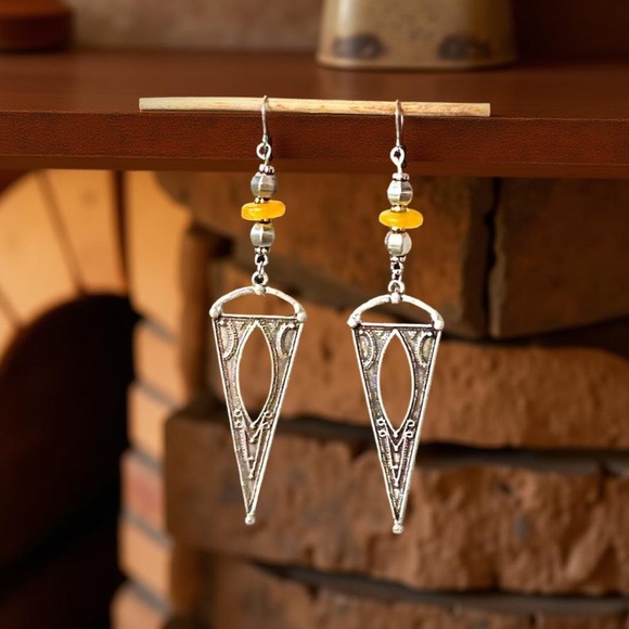 Antique Silver and Yellow glass Geometric Dangle Earrings - Picture 4 of 11